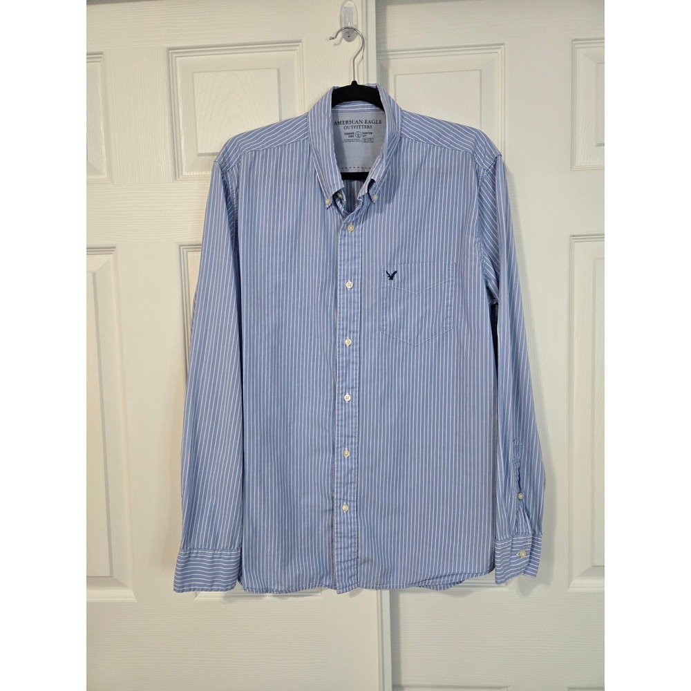 American Eagle Outfitters Mens Blue White Striped Button Down Shirt Standard L